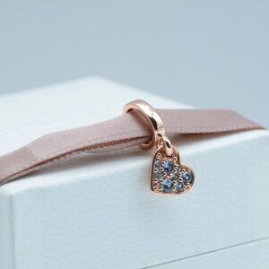 Pandora Light Blue Pavé Tilted Heart Dangle Charm, Rose Gold-Plated